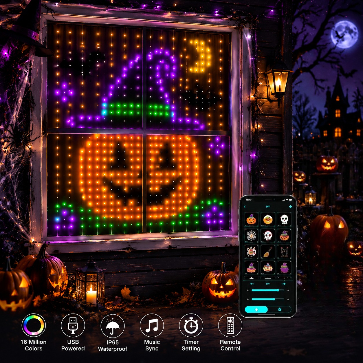 Home Decor Free App - Halloween LED Smart Curtain Lights Waterproof